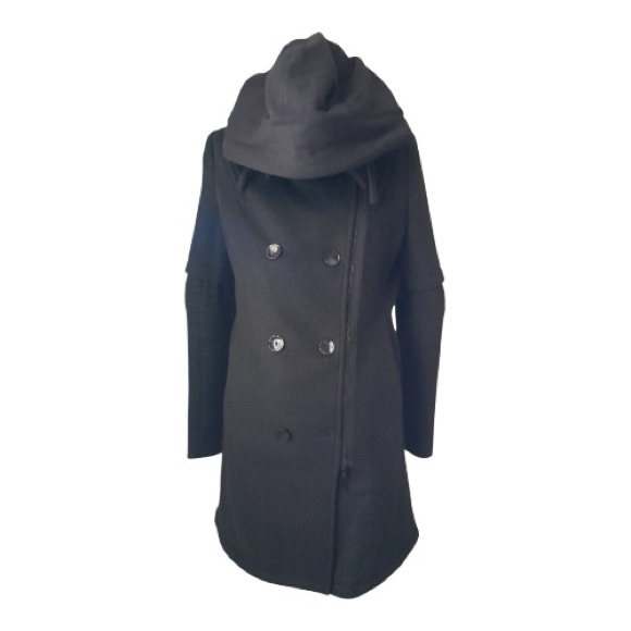 Only True Collection Streetwear Black Double breasted Hooded Wool blend Pea Coat - Picture 4 of 15